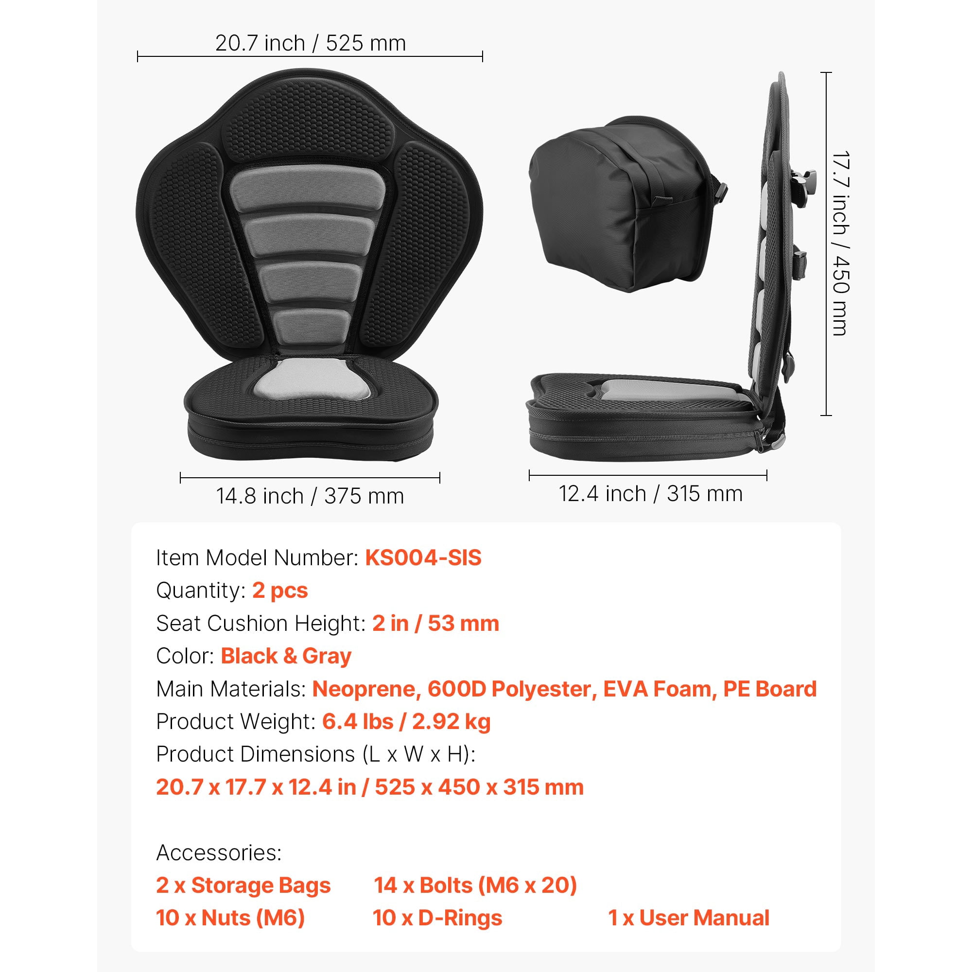 KFFKFF Universal Kayak Seat, 2 Pack 2" Thick, Soft Padded Seat with Back Support, Adjustable Straps, and Storage Bag for Paddle Boards, Canoes, Fishing Boats, Inflatable Kayaks
