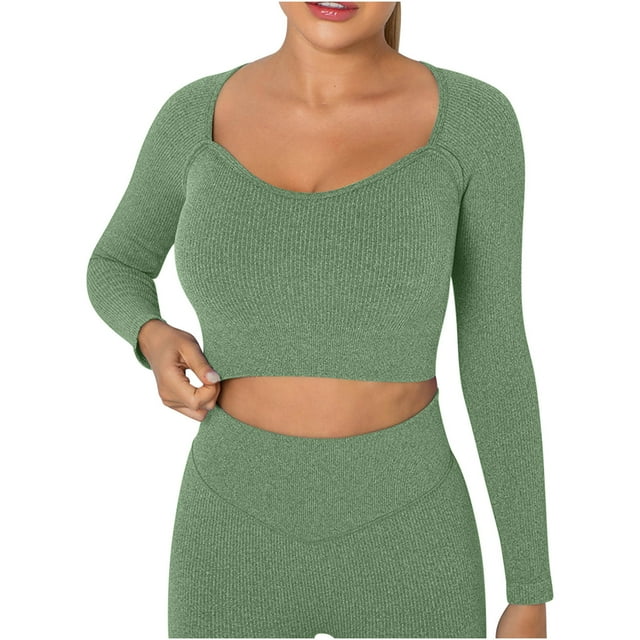 aidice Hauts Athlétiques pour Femmes, Entraînement, Encolure Dégagée, Manches Longues, Coupe Ajustée, Couleur Unie, Hauts Courts de Yoga
