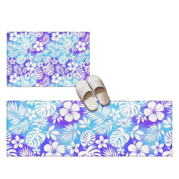 Summer Botanical 2 Pieces Non-Slip Kitchen Mat Set, Tropical Country Blue Purple Palm Leaf Flower Soft Door Mat with Rubber Backing, Dirtproof Rugs for Entrance Doorway, 15.7x23.6in 15.7x47.2in