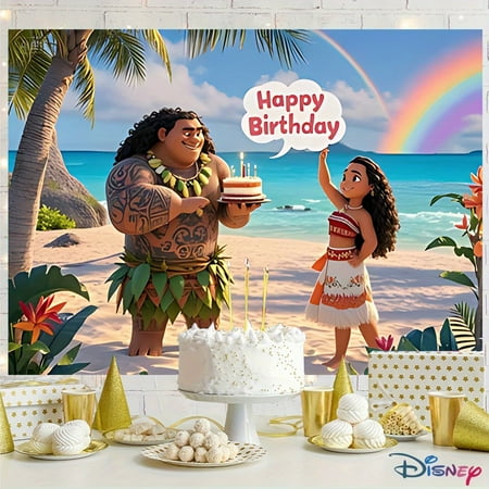 Moana Island birthday party background banner - Vibrant tropical beach scenes, cakes, flowers and rainbows, festival celebrations and theme events