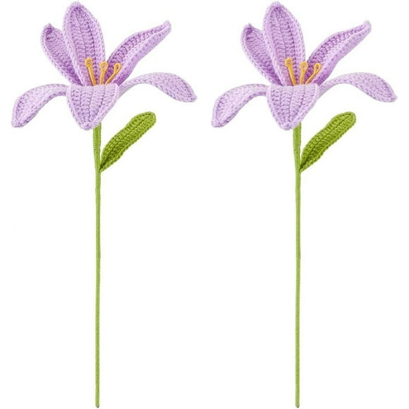 2 PCS Handmade Crochet Artificial Lily Flowers – Lilac Knitted Cotton Flowers Bouquet with Iron Wire Stems for Home Wedding & Party Decorations