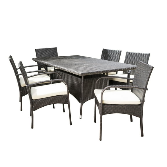 GDF Studio Toledano Outdoor Wicker 7 Piece Dining Set with Cushion, Multibrown and Cream