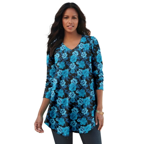 Roaman's Women's Plus Size Knit Thermal V Neck Swing Tunic – Long Sleeve