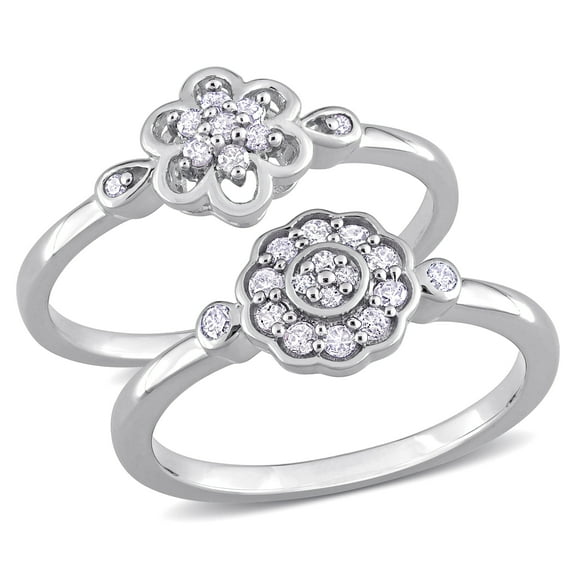 Everly Women's 3/10ct TW Diamond Two-Tone Sterling Silver Flower 2-Pc Ring Set