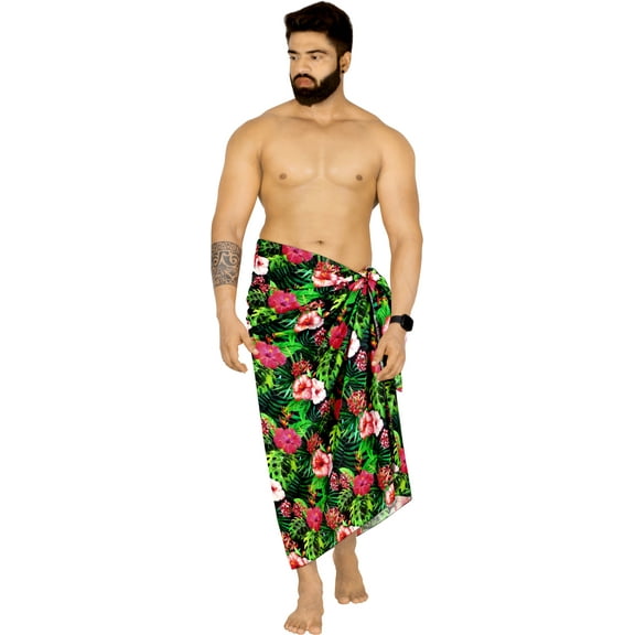 LA LEELA Men's Swimwear Beach Summer Pareo Long Sarong Wrap One Size Red, Floral Vacation Holiday Aloha