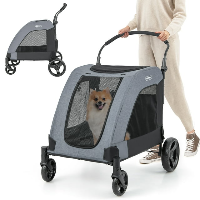 Costway Grande Poussette pour Chien avec Ceinture de Sécurité à Double Entrée Poignée Réglable 4 Roues Gris