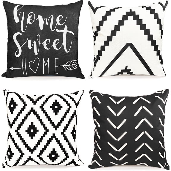 Decorative Throw Pillow Covers 18x18 inch Black White Pillow Covers for Couch Sofa Living Room Bedroom Farmhouse Outdoor Throw Pillow Cover,Modern Geometric Linen Square Throw Pillow Case Set of 4