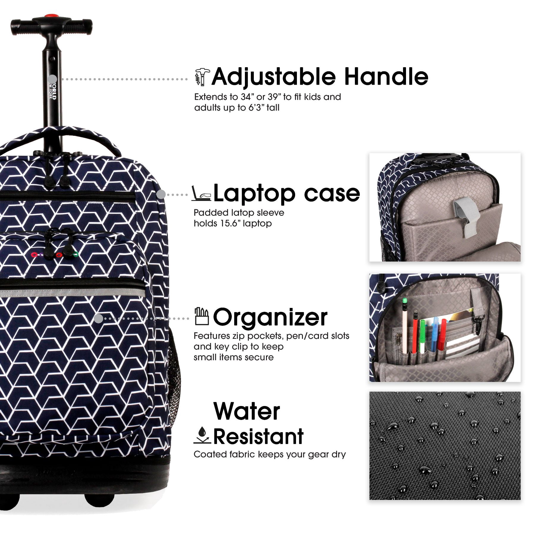 J World Unisex Sundance 20" Rolling Backpack with Laptop Sleeve for School and Travel, Line
