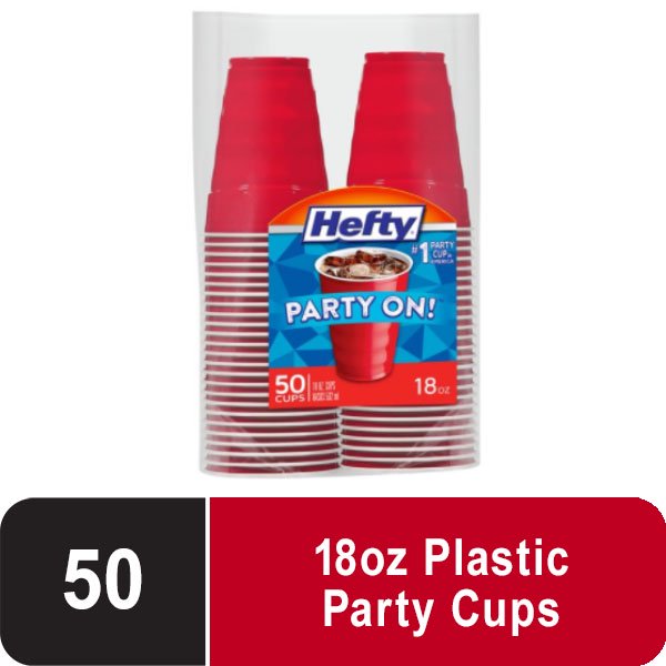 Hefty Party On Disposable Plastic Cups, Red, 18 Ounce, 50 Count