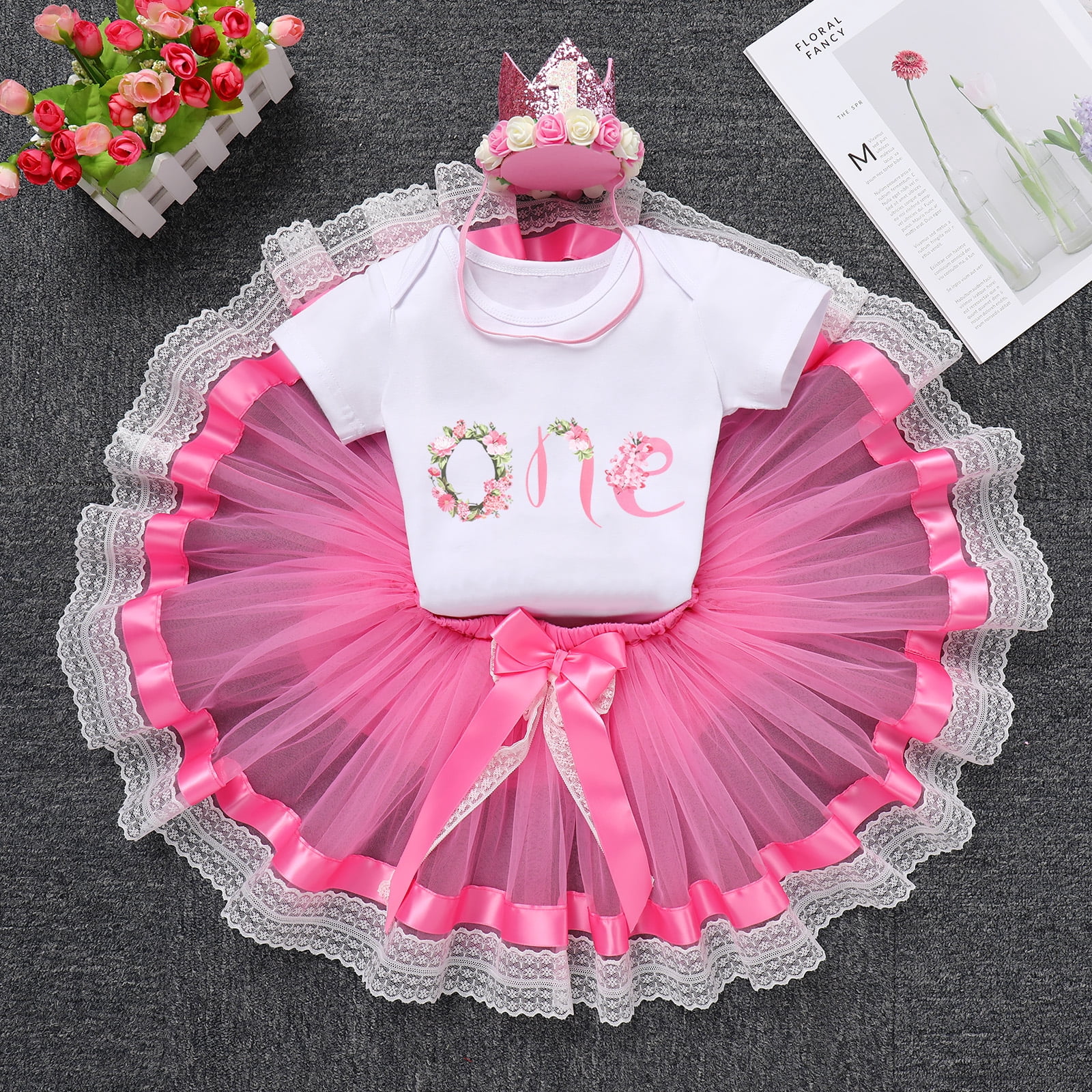 IBTOM CASTLE Infant Baby Girl One Year Old Birthday Outfit Floral Lace Party Cake Smash Romper + Tutu Skirt + Crown Clothes Set for Photo Shoot 1 Year Hot Pink - Lace