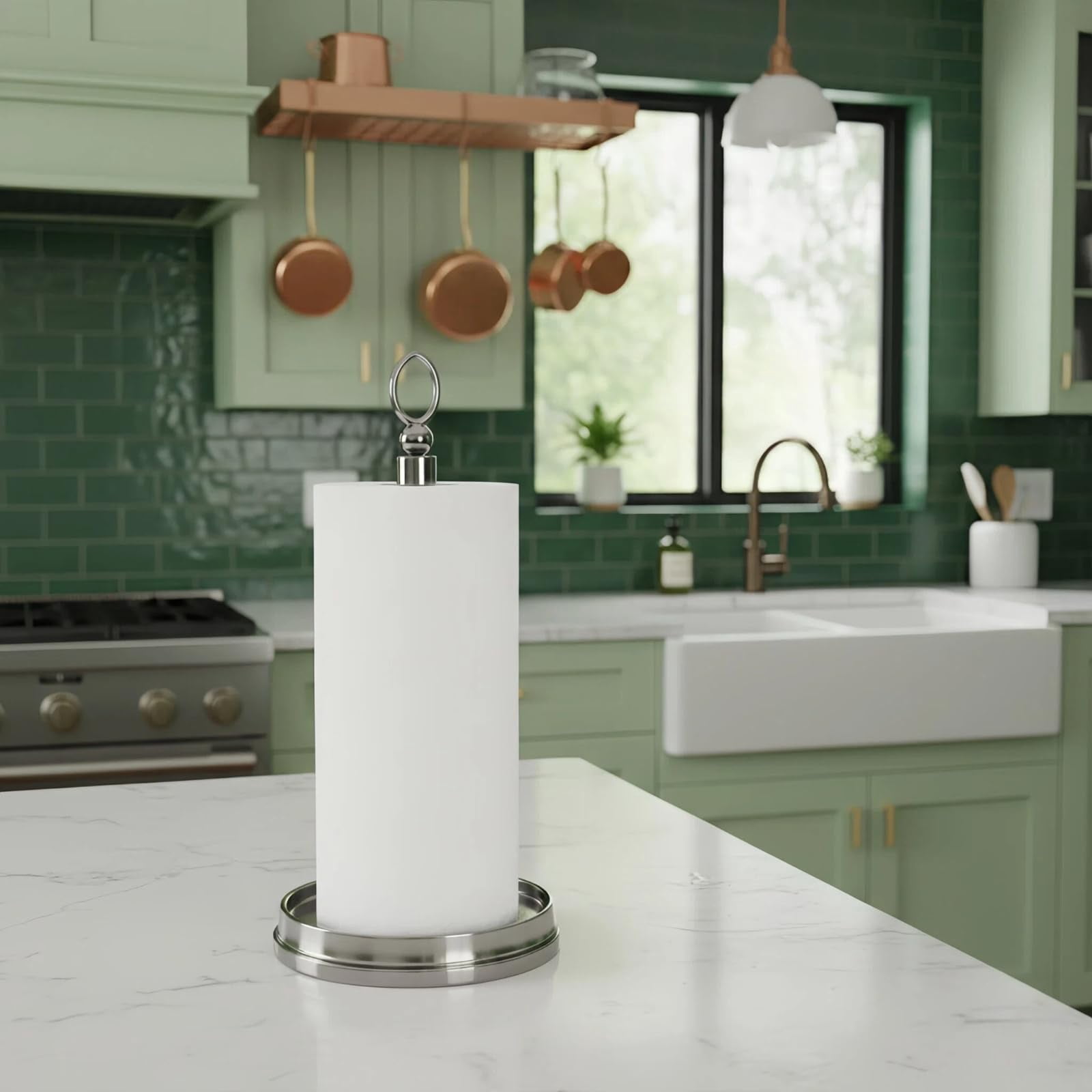 Paper Towel Holder With Heavy Weighted Base - Steel Countertop Stand For Kitchen  Bars & Dining Tables Fits Standard Rolls Brushed Nickel