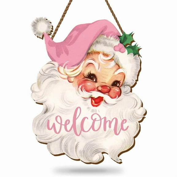 Vintage Christmas Wooden Hanging Sign Pink Xmas Santa Welcome Sign for Holiday Party Indoor Outdoor Porch Wall Front Door Decor