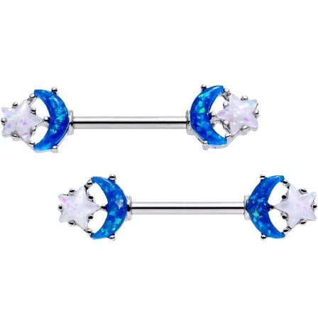 Body Candy 14G Womens Nipplerings Piercing 9/16" Steel 2Pc Blue Moon White Star Accent Nipple Ring Set 14mm
