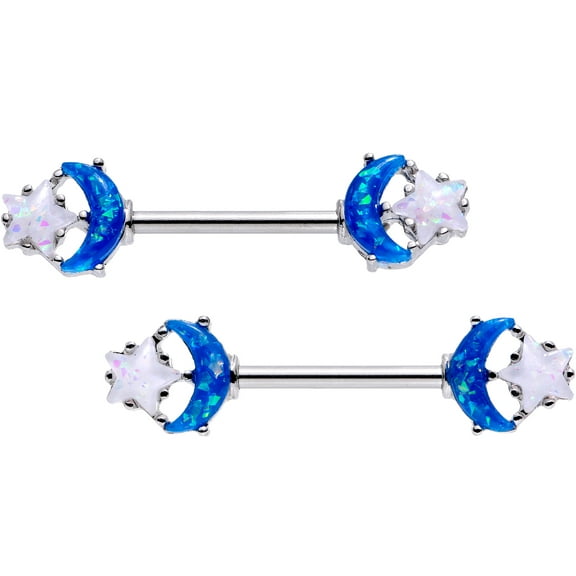 Body Candy 14G Womens Nipplerings Piercing 9/16" Steel 2Pc Blue Moon White Star Accent Nipple Ring Set 14mm