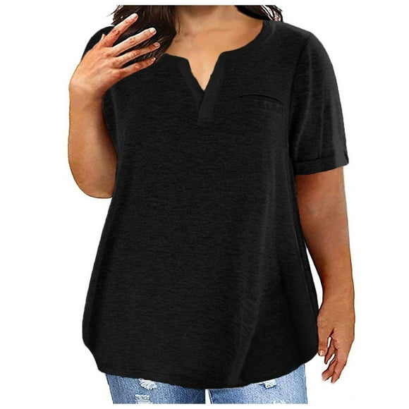 BADHUB Women's Plus Size Tops 2024 Summer Solid Color T Shirts Short Sleeve Tunic V Neck Henley Shirt Plain Basic Tees L-5XL Summer Savings