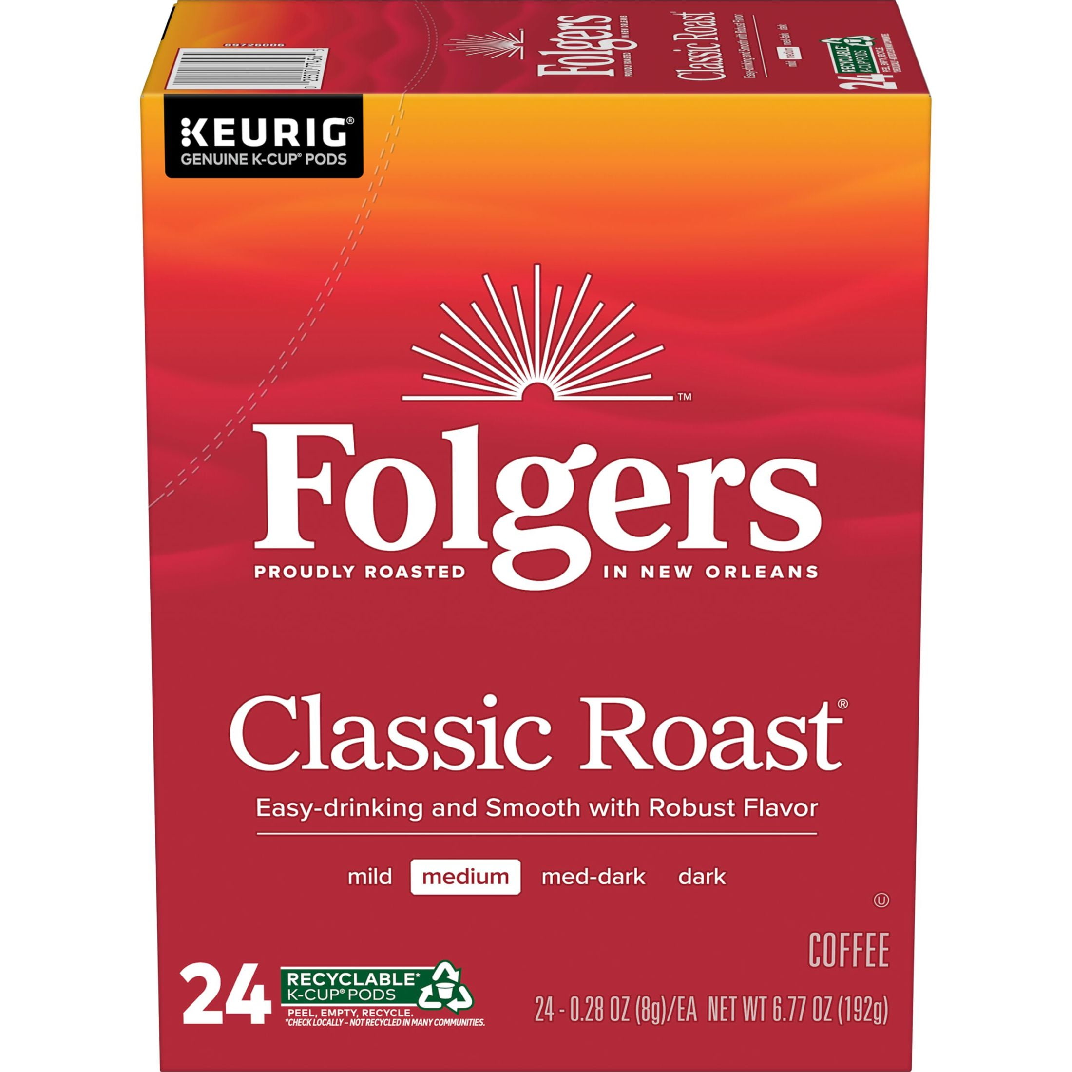 (4 pack) Folgers Classic Roast, Medium Roast Coffee, Keurig K Cup Pods, 24 Count Box