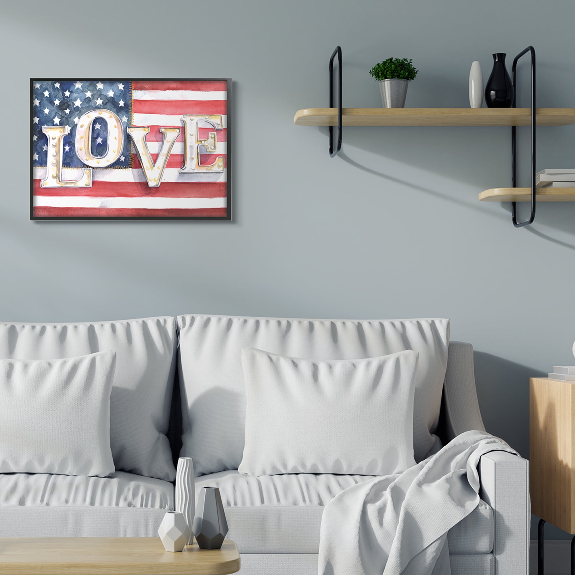 Stupell Industries Vintage Love Text Over Stitched American Flag Inspirational Painting Black Framed Art Print Wall Art, 16 x 20
