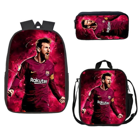 Conjunto de mochila infantil de 3 piezas con diseños de jugadores de fútbol para el colegio.