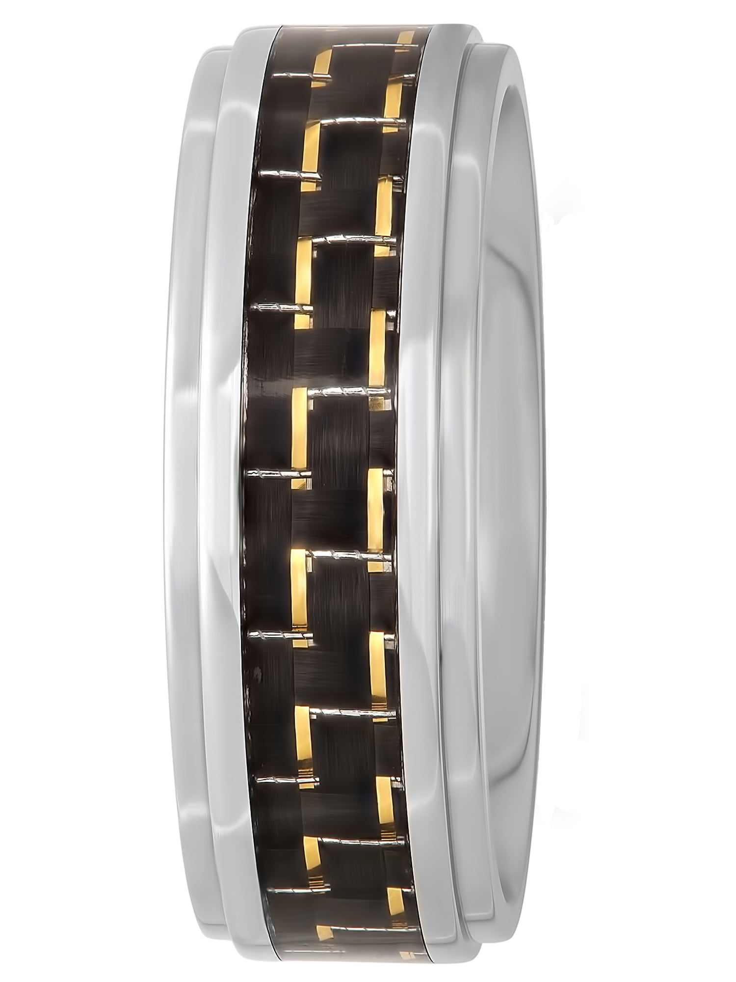 Men's Stainless Steel 8MM Black and Gold Carbon Fiber Wedding Band - Mens Ring