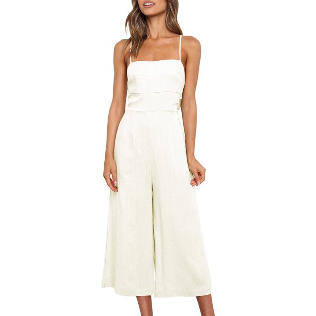 Txlixc Mono de verano para mujer Tirantes finos ajustables Cintura alta Pierna ancha Mono recortado Mamelucos con bolsillos Txlixc Estilo de ocio