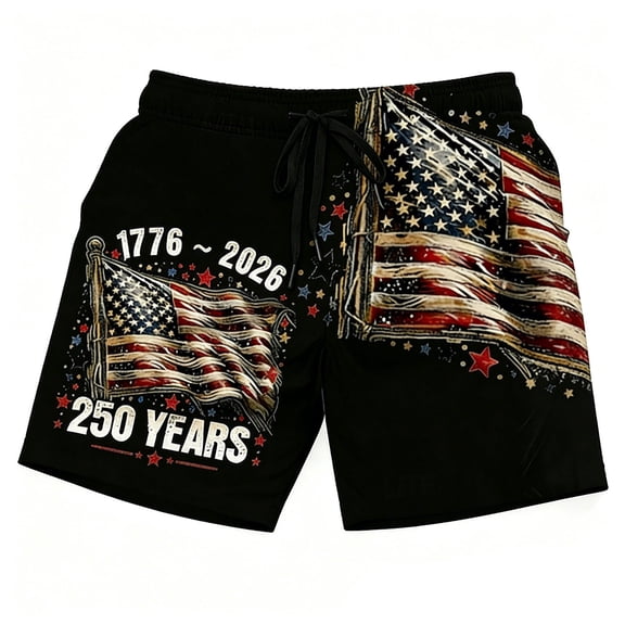 LIIPEE Swim Trunks For Men Elastic Drawstring Waist Straight Leg Comfortable Lightweight Patriotic Flag Print Celebration 250 Years Holiday Beach Board Shorts For Independence Day,Black