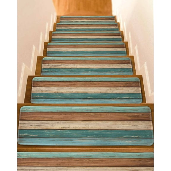 Teal Turquoise Stair Treads for Wooden Steps Indoor Runner Rug Carpet, Retro Farmhouse Wood Grain Brown 4 Pieces Peel and Stick Staircase Step Treads Covers Washable Throw Door Mats, 30"x8"