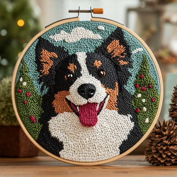 DIY Punch Needle Kits for Beginners Cute Cartoon Border Collie Dog Christmaswith Hoop Embroidery Punch Needle Starter Craft Set Easy for Adults and Children Festival Gift and Decoration 20x20cm-2