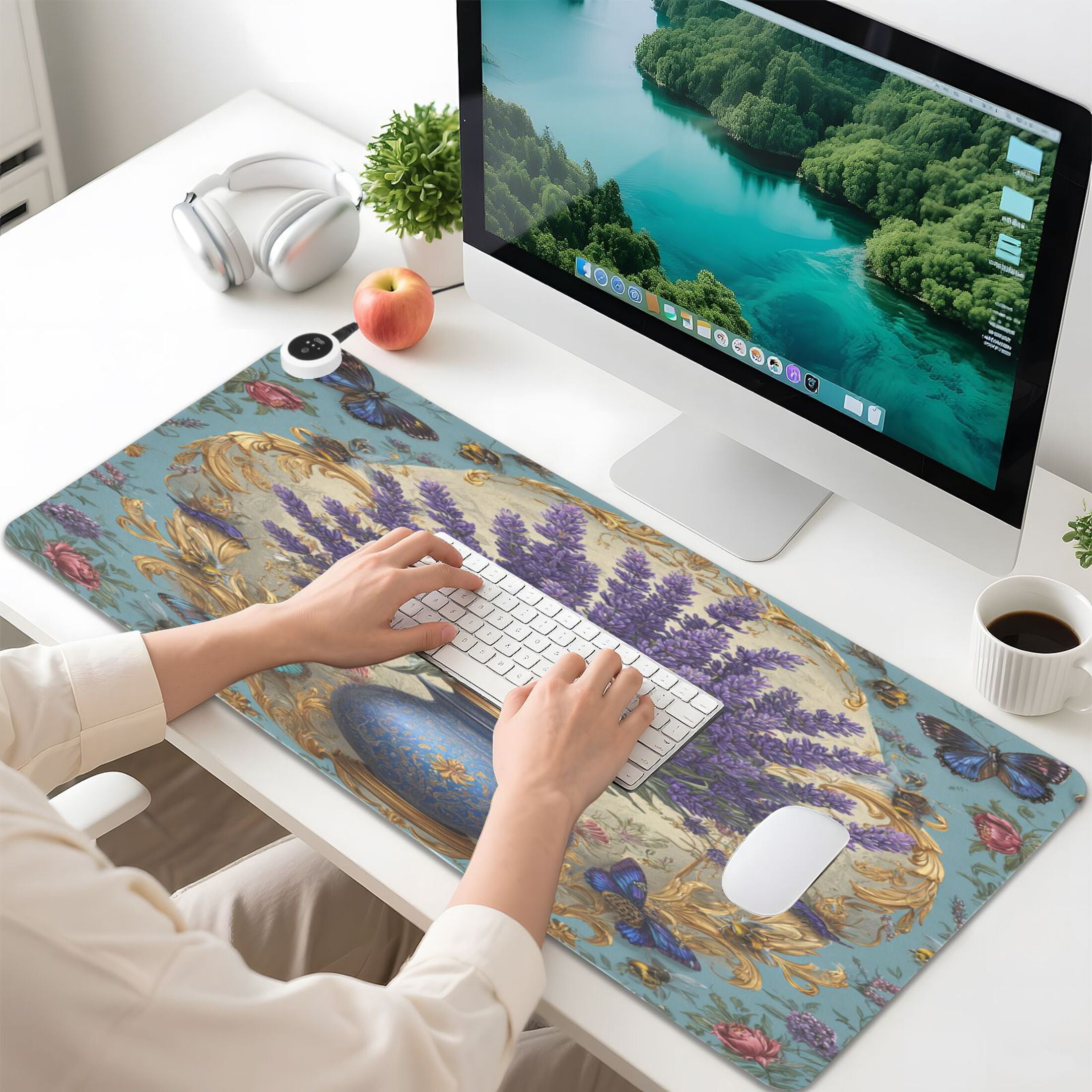Large Heated Desk Mat Mouse Pad 31.5"x13"PU Leather Graphene Heating Desk Warmer with 3 Temperature Settings 110V US Plug Non-Slip Warm Pad for Home, Office, and Gaming Vibrant Lavender in A Vase