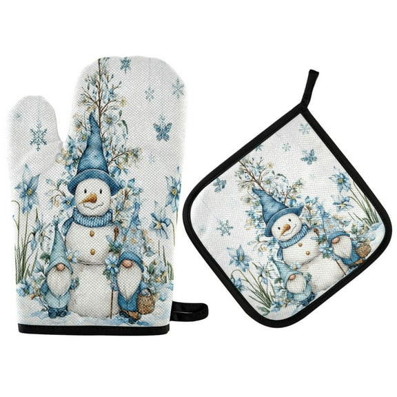 Wobogo Snowman and Dwarf Oven Mitts and Pot Holders 2pcs Set Kitchen Oven Glove High Heat Resistant 200 Degree Surface for Cooking