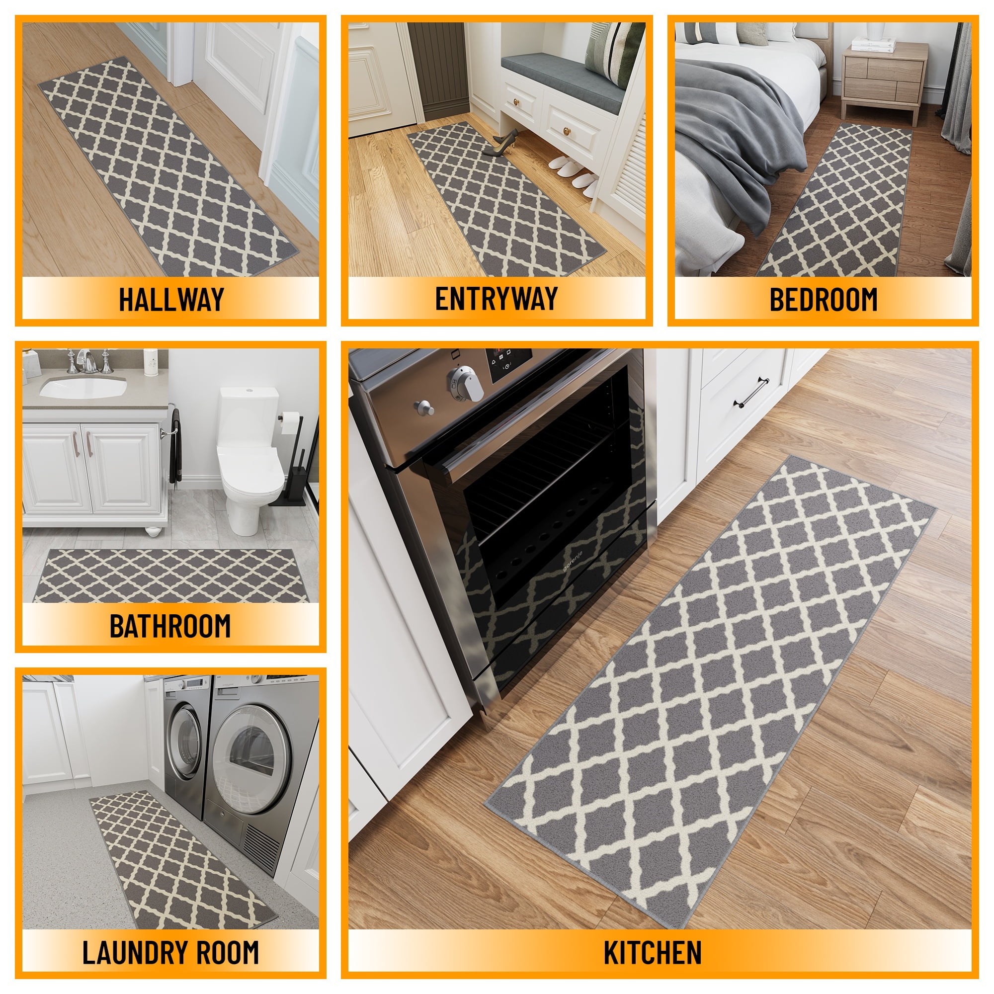 Ottomanson Trellis Bathroom Runner Rug 20" x 59" - Non Slip Low Pile Carpet, Gray