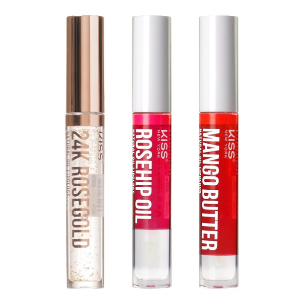 Kiss New York Paquete de 3 aceites labiales brillantes, hidratantes, no pegajosos, 100 % aceite natural, brillo labial transparente, hidratante ligero para labios (oro rosa, rosa mosqueta y mantequill