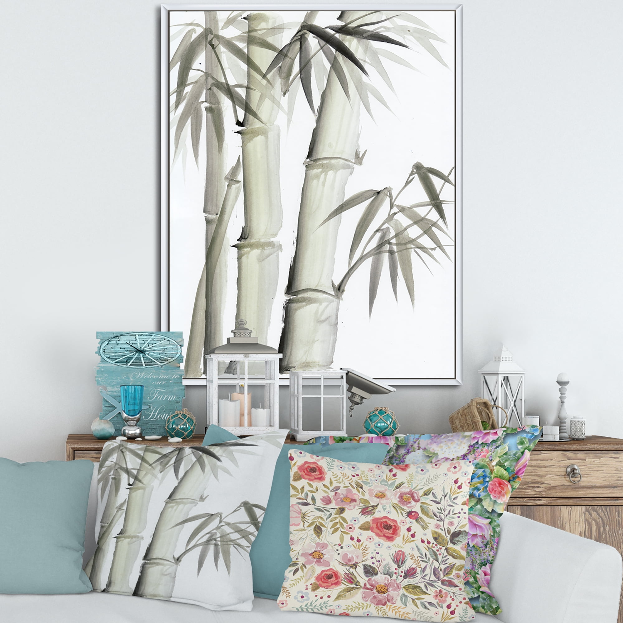 Designart 'Vintage Black and White Bamboo V' Lake House Framed Canvas Wall Art Print