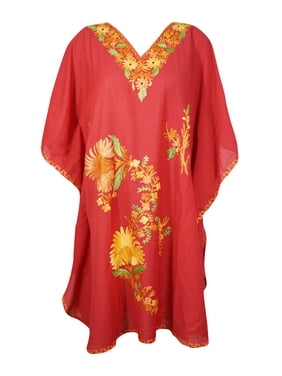 Mogul Women Coral Red FLORAL Caftan Kimono Sleeves Loose Flowy Fall Fashion Casual Short Kaftan 3XL