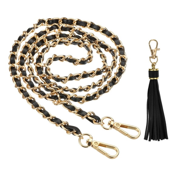 Uxcell Purse Chain Strap, 47 Inch Leather Chain Straps Purse Strap Replacement Flat Chain Strap with Tassel for Crossbody Bag Handbag Woman, Black/Gold
