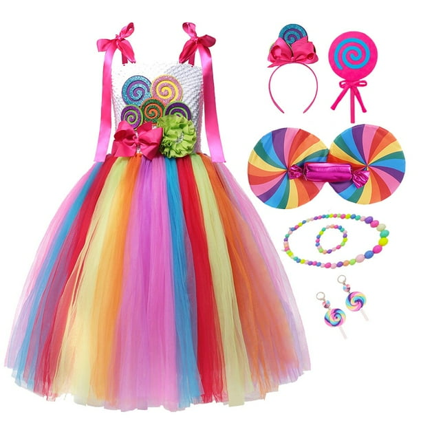 Navidad Arco Iris caramelo princesa vestido para niñas con diadema tutú disfraz niños Purim fiesta de cumpleaños niños piruleta ropa M (6-7 T) Gao Jinjia LED