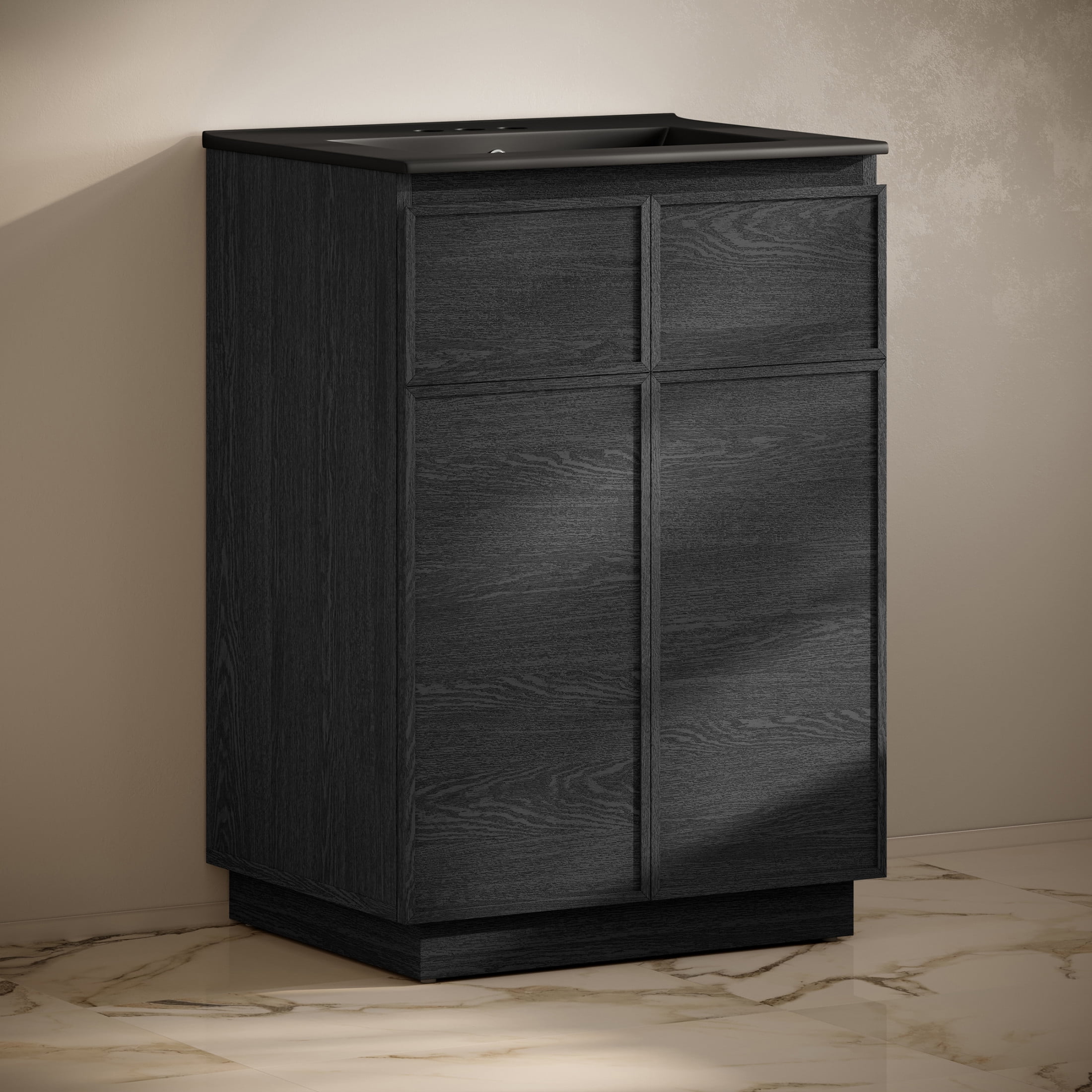 St. Tropez 24" Freestanding Bathroom Vanity in Black Oak with Black 3-Hole Centerset Sink Top
