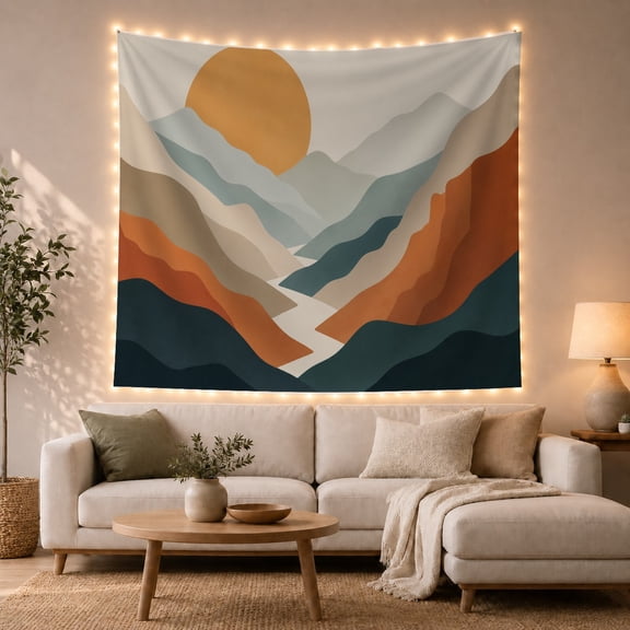 Sunrise Over Layered Mountain Silhouettes, Serene Mid-Century Modern for Boho Decor Lovers, Nature Color Block Wall Art, Housewarming Gift, Tapestry Wall Hanging for Bedroom and Living Room