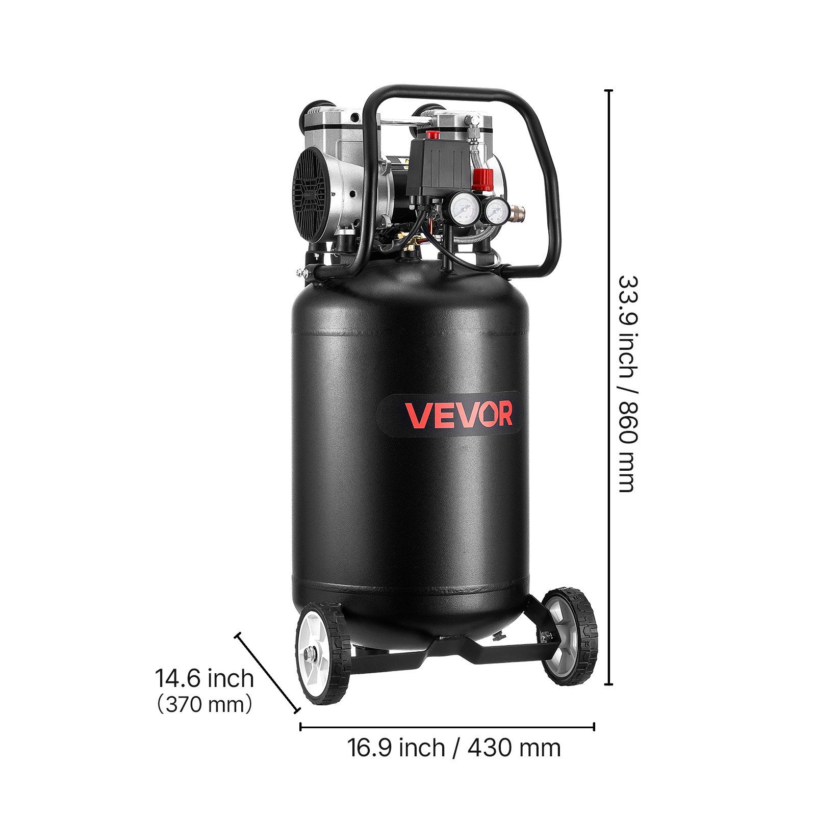 VEVOR 14-Gallon Air Compressor, 2HP 4.3 SCFM at 90PSI, Max 125PSI Pressure Oil-Free Air Compressor Tank, Portable on Wheels for Auto Repair, Tire Inflation, Spray Painting, Woodwork Nailing, 120V