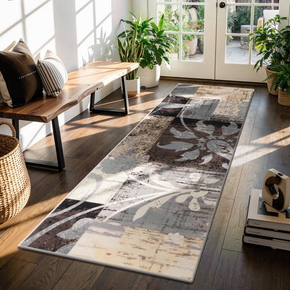 MJIAexp 2'x6' Boho Floral Kitchen Runner Rug Machine Washable Runner Rug Non-Slip Rubberback Hallway Runner Laundry Rug Throw Carpet for Living Room Dining Room Entryway Hallway Kitchen Gray Brown