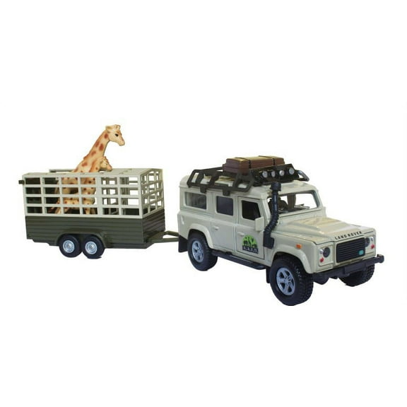 Kids Globe 1:32 Scale Cream Land Rover Defender with giraffe trailer and giraffe die cast pull back