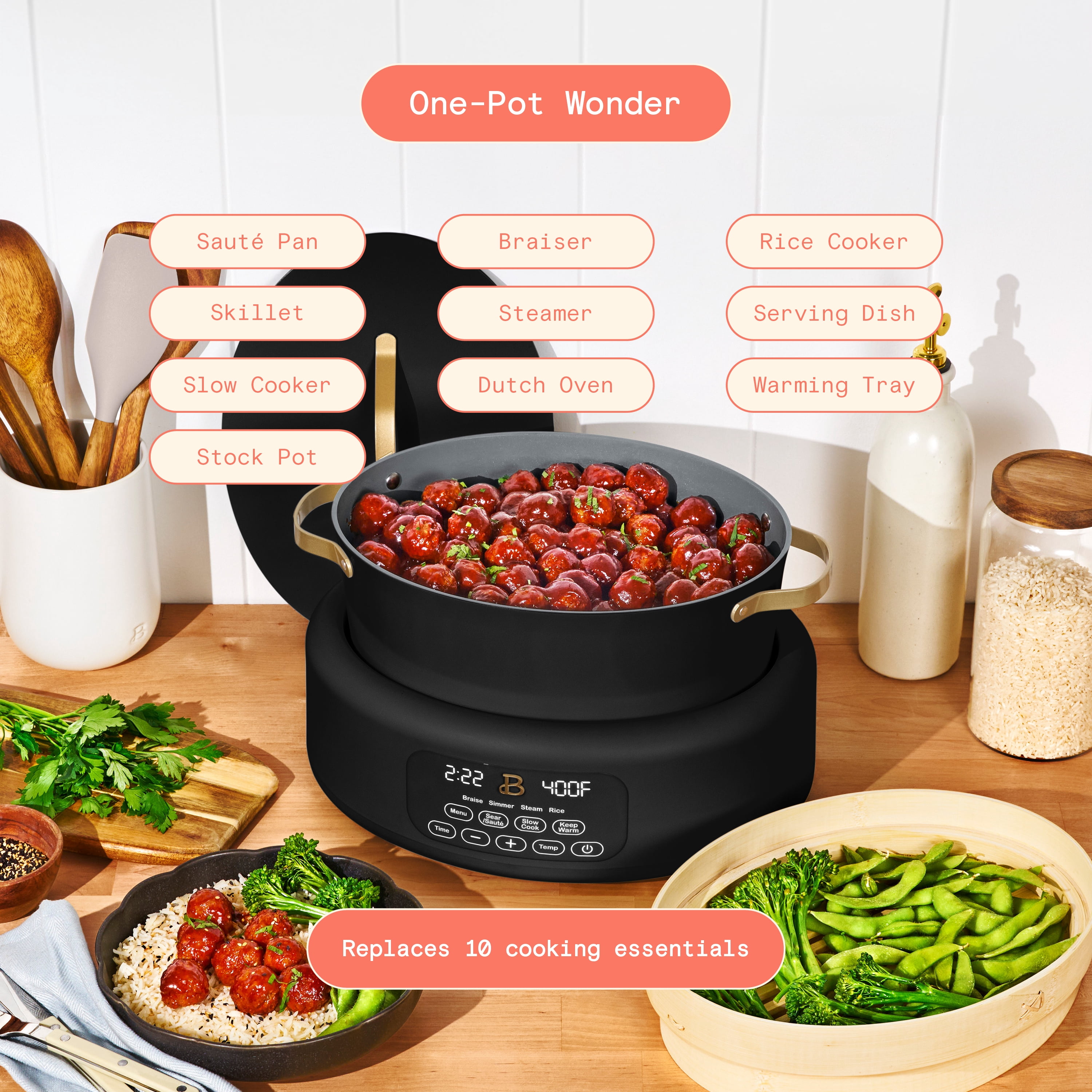 Beautiful 10-in-1, 8 Qt Multi-Cooker with Bamboo Steamer Insert and 7 Preset Functions, Black Sesame by Drew Barrymore