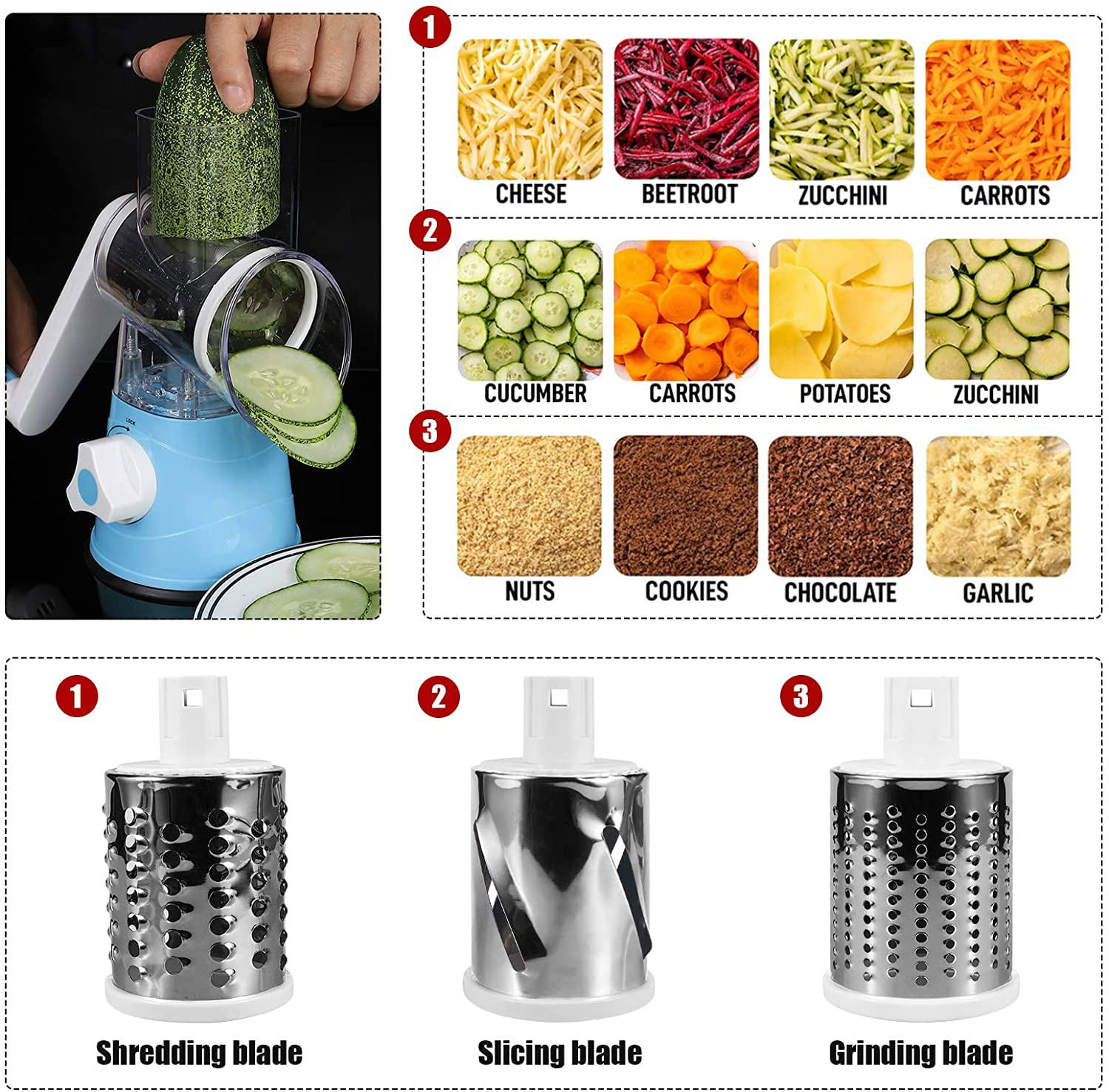 Food Shredder, Multi‑Functional Hand Crank Cutter Vegetable Cutter Cheese  Grater Nut Grinder Food Processors with 5 Stainless Steel Blade for