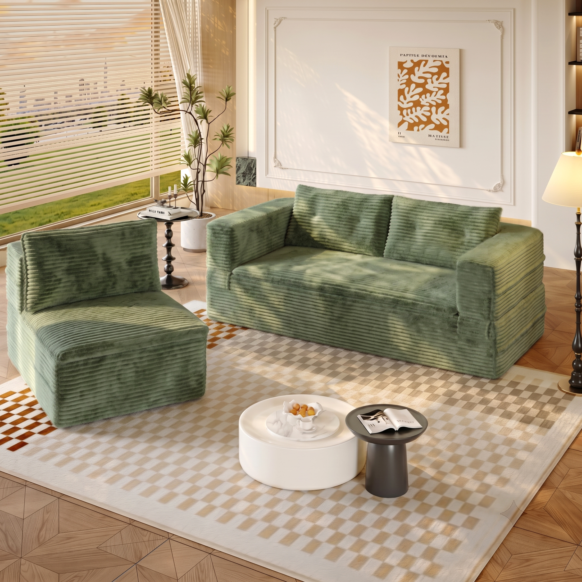 HOQBN 80" King Size Sleeper Sofa Bed, Plush Corduroy Deep Seat Sofa Couch with Independent Chaise and Functional Blanket for Living Room, Bedroom Green