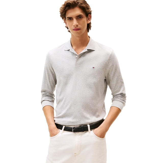 Polo Tommy Hilfiger de algodón líquido de manga larga para hombre, gris
