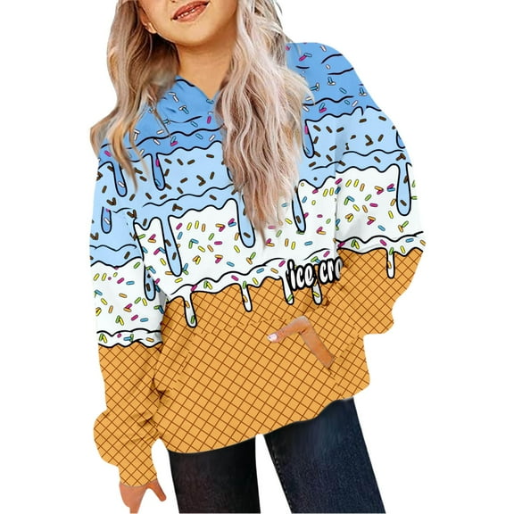 Ludearly Ice Cream Hoodies for Teen Girls Cute Graphic Print Pullover Long Sleeve Trendy Casual Kids Clothes 2-12 Years
