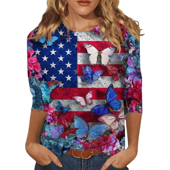 4th of July Shirts for Women Plus Size 3/4 Sleeve Tshirts Casual Red White and Blue Print Tops Independence Day Patriotic Pullover USA 250th Anniversary Celebration Party Crew Neck Blouses Red XL
