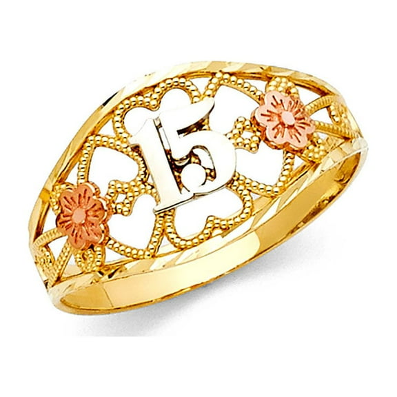 14k Yellow White Rose Gold 15 Birthday Hearts & Flower Ring Quinceanera Tapered Band 11MM, Size 7