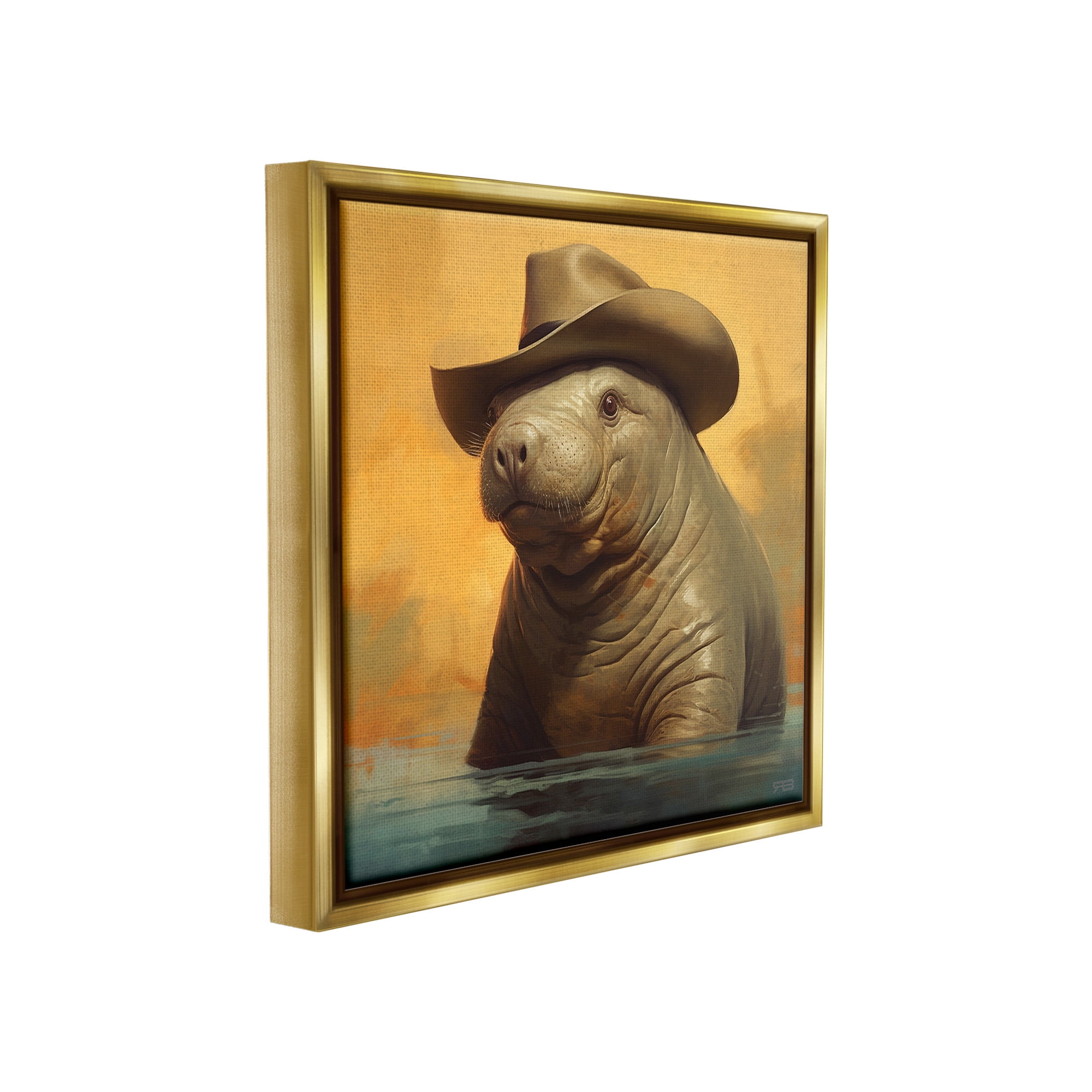 Stupell Industries Swimming Manatee with Hat Animals & Insects Painting Gold Floater Framed Canvas Art Print Wall Art, 18 x 18