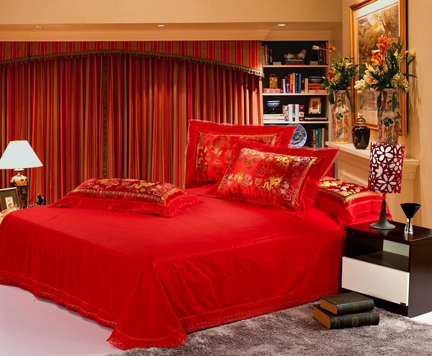 WEISANTIQ Traditional Red Sheet Asian Bedding Queen with Dragon and