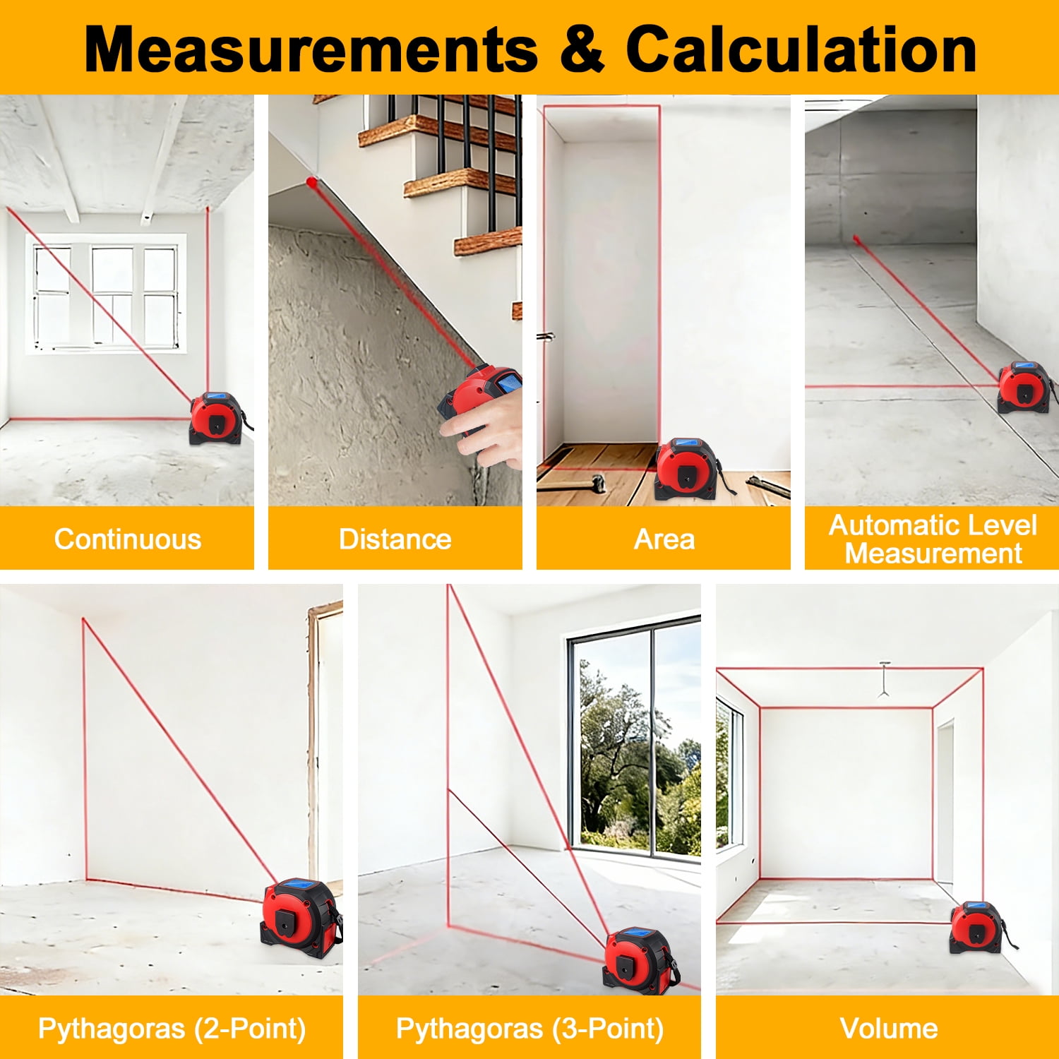 ABCPOW 3-in-1 Digital Laser Tape Measure,197ft Laser Distance Meter with LCD Display,16ft AutoLock Digital Tape Measure with Cross Line,Digital Level, Pythagorean/Area/Volume,Ft/Ft+in/in/M Units,Red